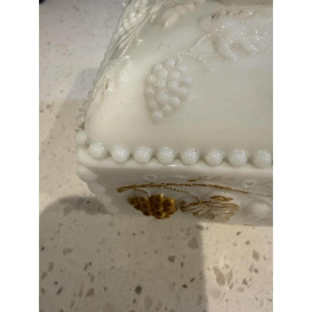 Westmoreland Paneled Beaded Edge Grape Gold Milk Glass Candy Dish Mid Century